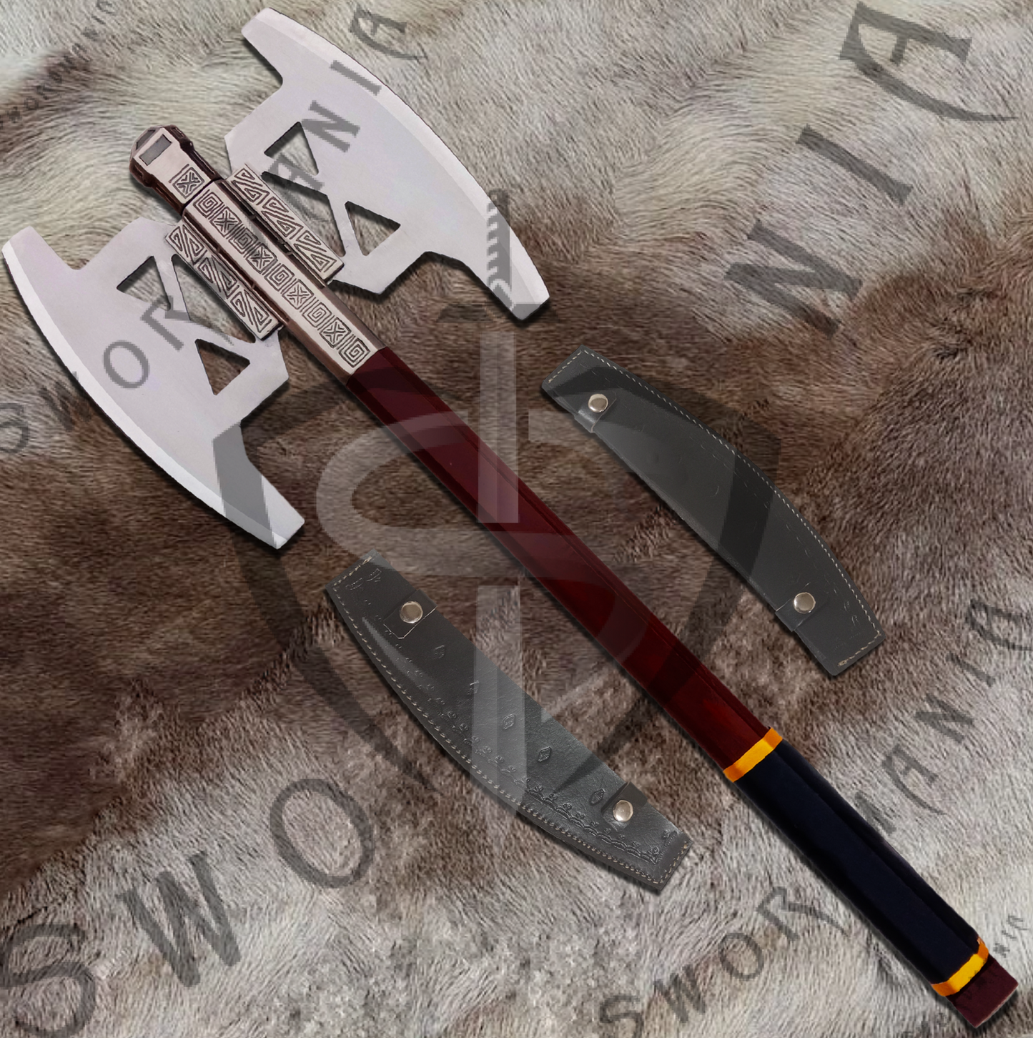 A complete set of LOTR Silver Bearded Axe of Gimli 31in axe,  a finely-crafted scabbard and a display plaque. Swordmania offers all of these in its replica of Axe of Gimli starting from just $79 with FREE shipping.