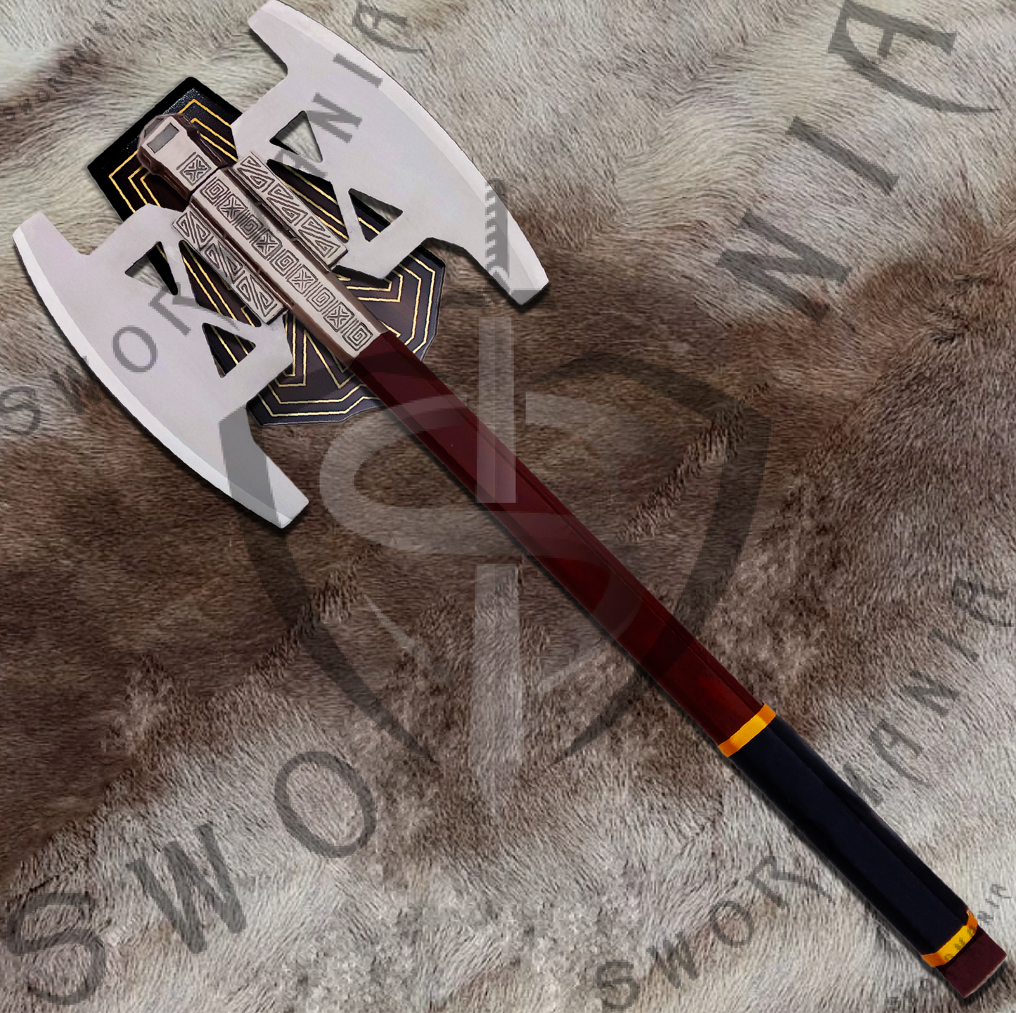 A complete set of LOTR Silver iBearded Axe of Gimli 31in axe and a display plaque. Swordmania offers all of these in its replica of Axe of Gimli starting from just $79 with FREE shipping.