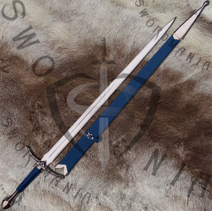 Glamdring replica sword is handmade, hand forged full tang 45in full scale sword with a high polish finished blade that is edged and for its safety during carriage and cosplay, we offer a free complimentary wooden scabbard stitched with pure leather to perfectly couple the high quality manufacturing of the sword of Gandalf by expert swordsmiths at SWORDMANIA